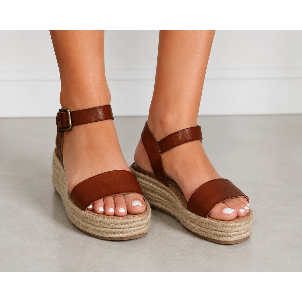 Faux Leather Platform Minimalist Comfort Espadrille Sandals Cognac 9.5 NWT NWB